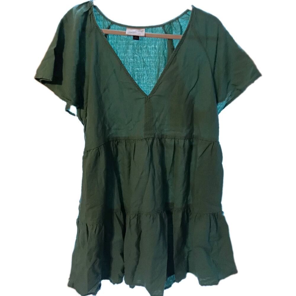 Universal Thread Dress Womens LG. Green Short Sleeve V Neck Fit Flare Linen